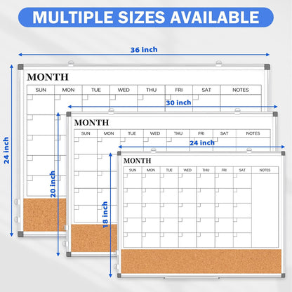 Dry Erase Calendar Whiteboard for Wall, 24" x 18" Monthly Cork White Board
