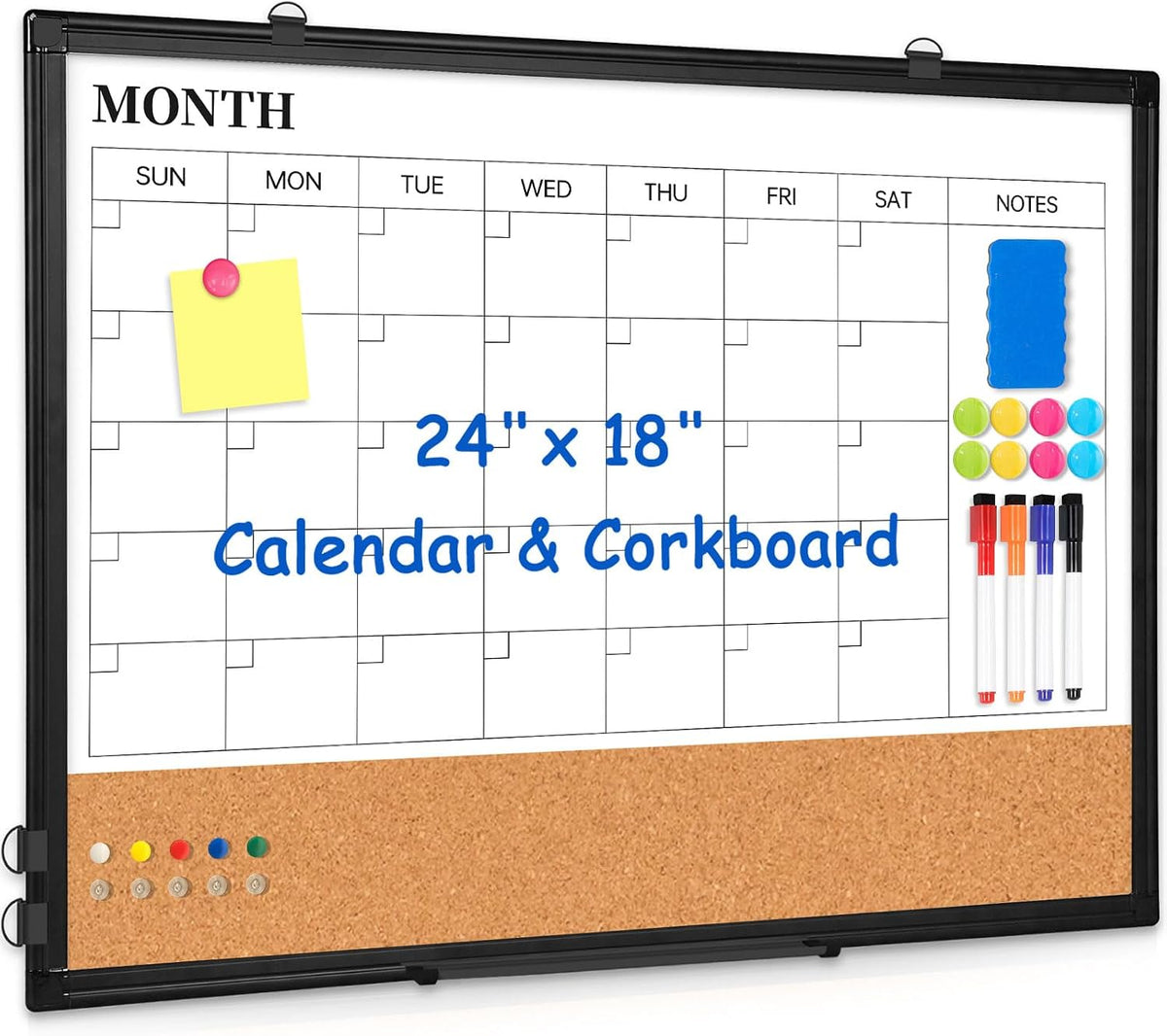 Dry Erase Calendar Whiteboard for Wall, 24" x 18" Monthly Cork White Board