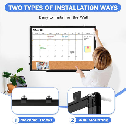 Dry Erase Calendar Whiteboard for Wall, 24" x 18" Monthly Cork White Board
