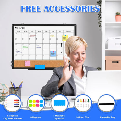 Dry Erase Calendar Whiteboard for Wall, 24" x 18" Monthly Cork White Board