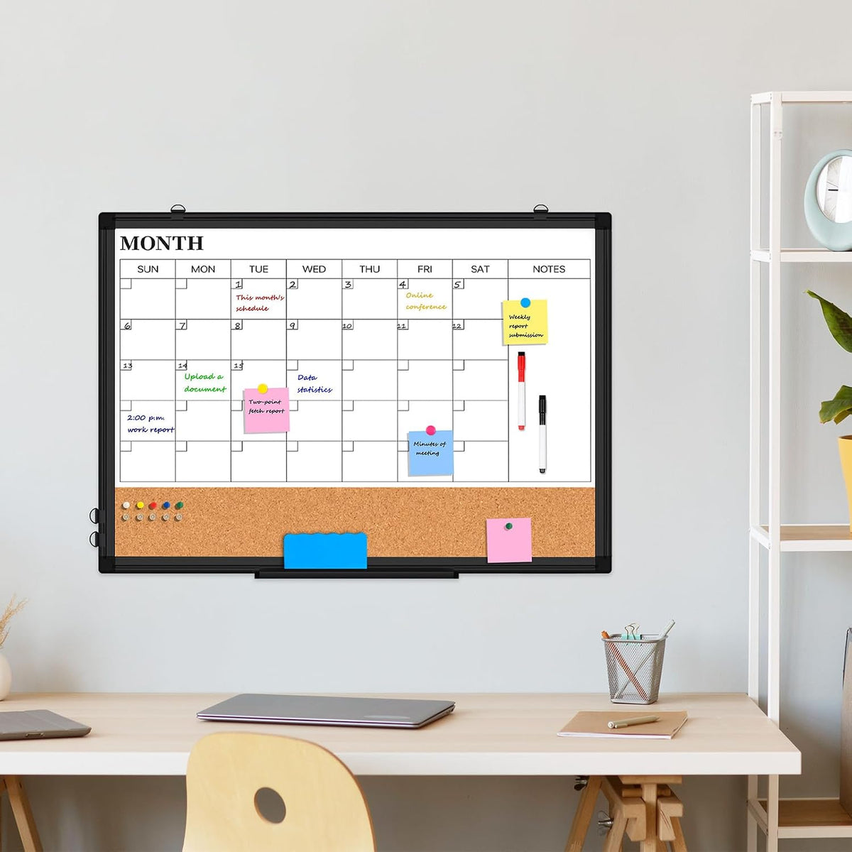 Dry Erase Calendar Whiteboard for Wall, 24" x 18" Monthly Cork White Board