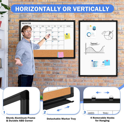 Dry Erase Calendar Whiteboard for Wall, 24" x 18" Monthly Cork White Board