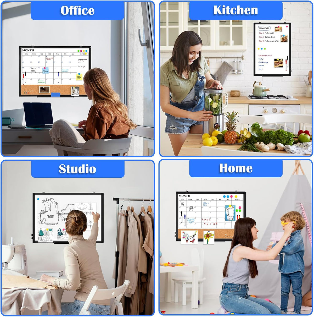 Dry Erase Calendar Whiteboard for Wall, 24" x 18" Monthly Cork White Board