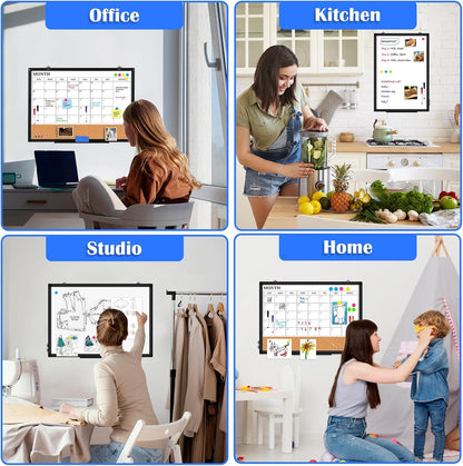 Dry Erase Calendar Whiteboard for Wall, 24" x 18" Monthly Cork White Board