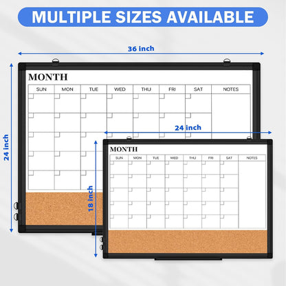 Dry Erase Calendar Whiteboard for Wall, 24" x 18" Monthly Cork White Board