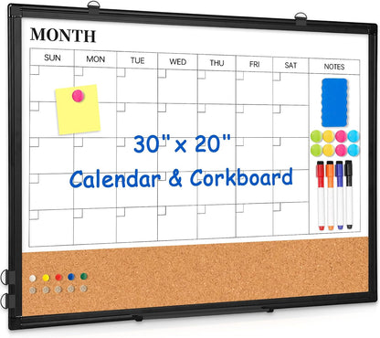 Dry Erase Calendar Whiteboard for Wall, 24" x 18" Monthly Cork White Board