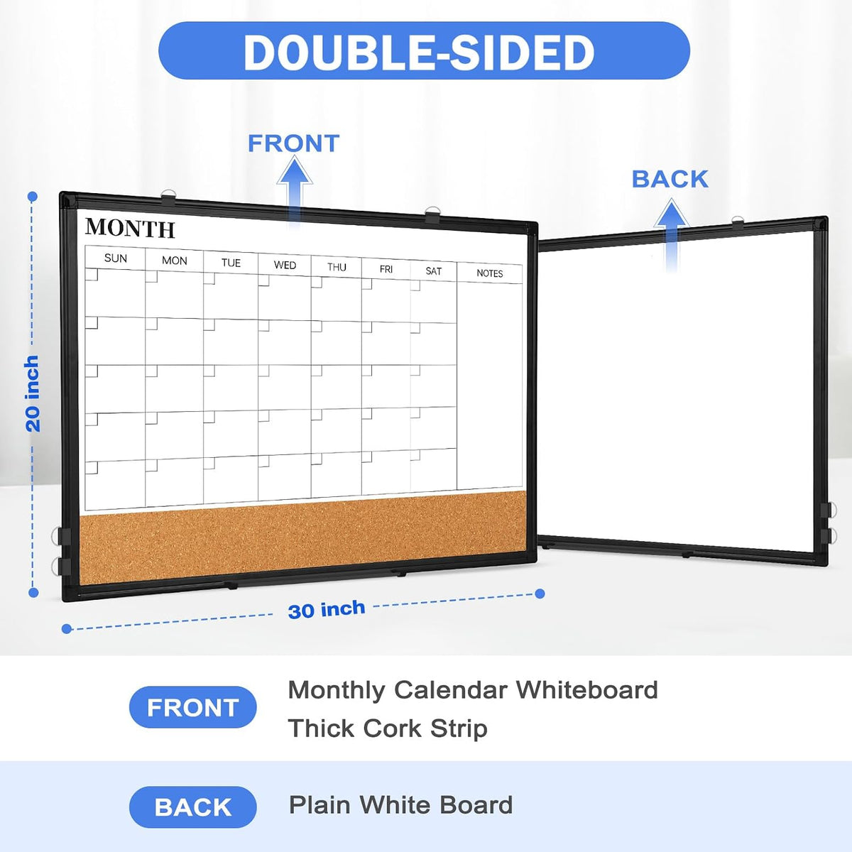Dry Erase Calendar Whiteboard for Wall, 24" x 18" Monthly Cork White Board