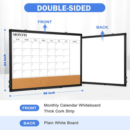 Dry Erase Calendar Whiteboard for Wall, 24" x 18" Monthly Cork White Board