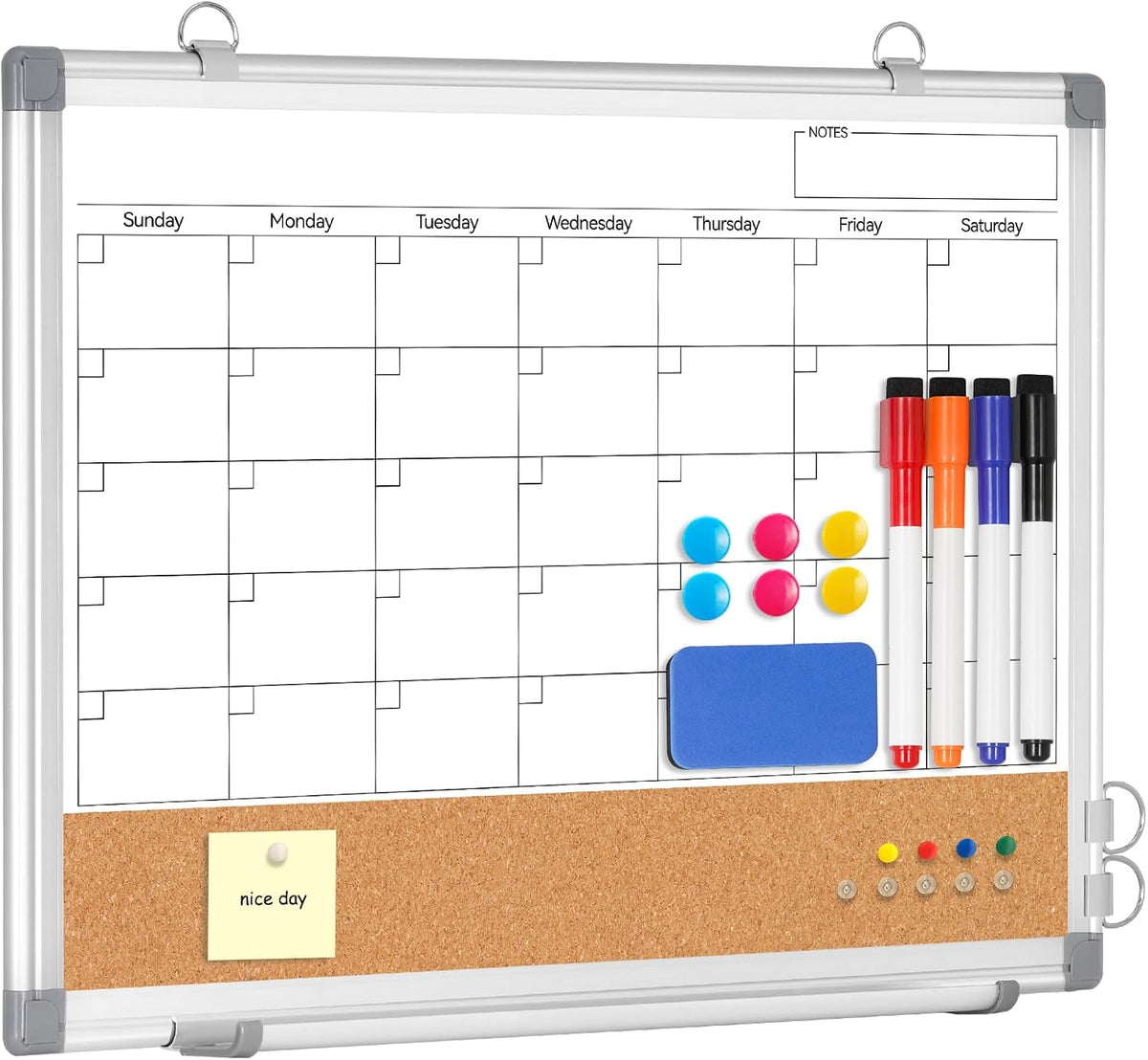 Dry Erase Calendar Whiteboard for Wall, 24" x 18" Monthly Cork White Board