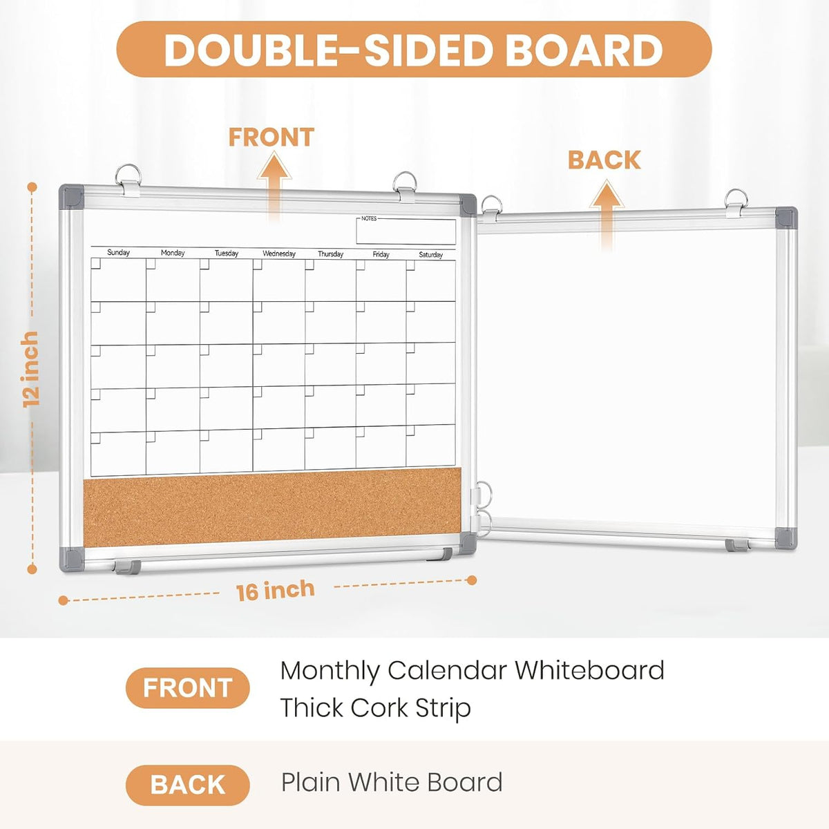 Dry Erase Calendar Whiteboard for Wall, 24" x 18" Monthly Cork White Board