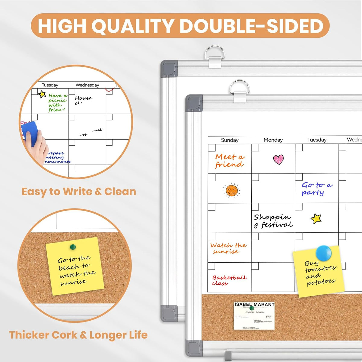 Dry Erase Calendar Whiteboard for Wall, 24" x 18" Monthly Cork White Board