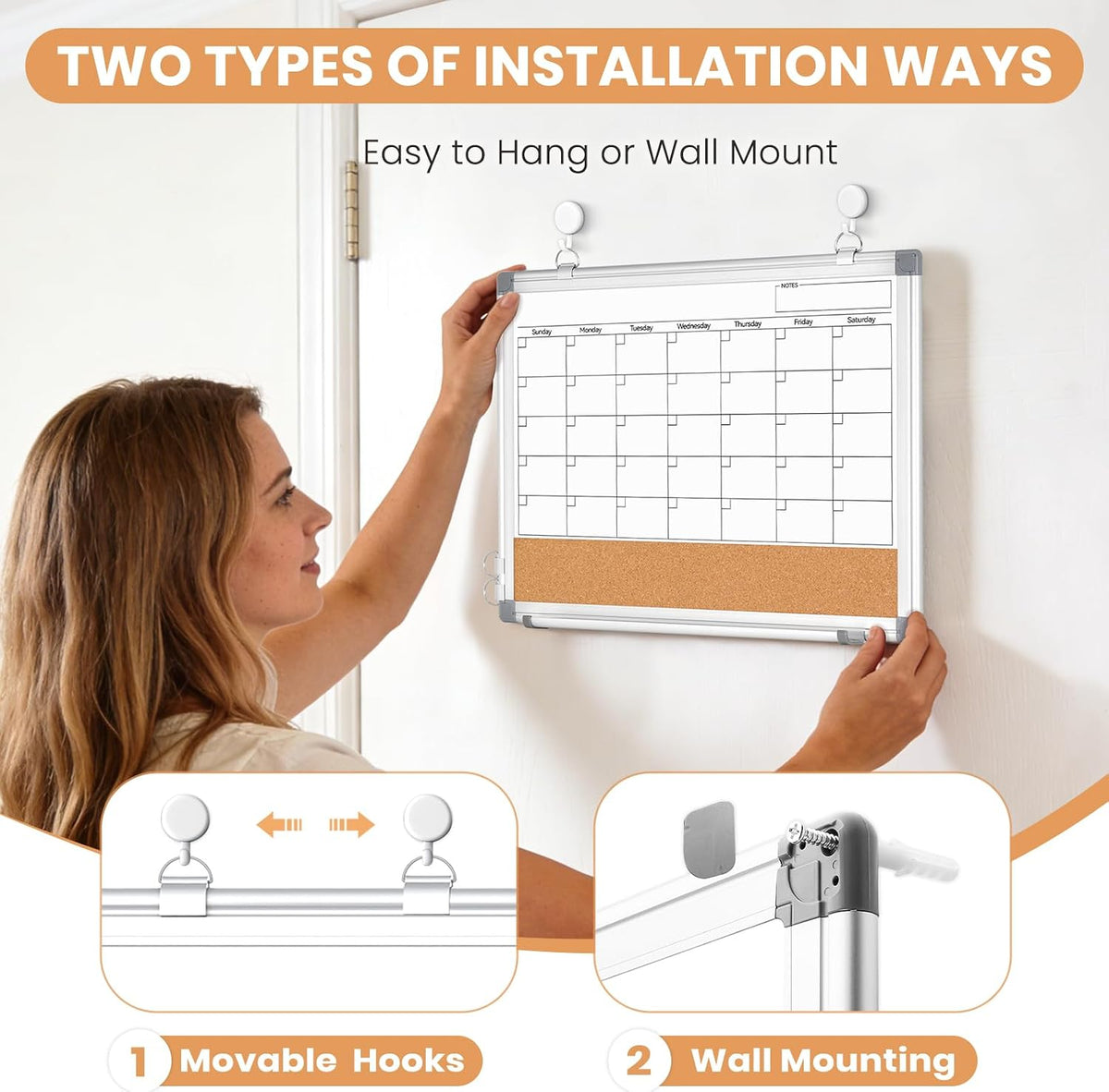 Dry Erase Calendar Whiteboard for Wall, 24" x 18" Monthly Cork White Board