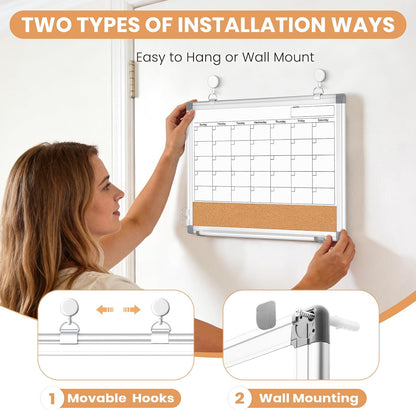 Dry Erase Calendar Whiteboard for Wall, 24" x 18" Monthly Cork White Board