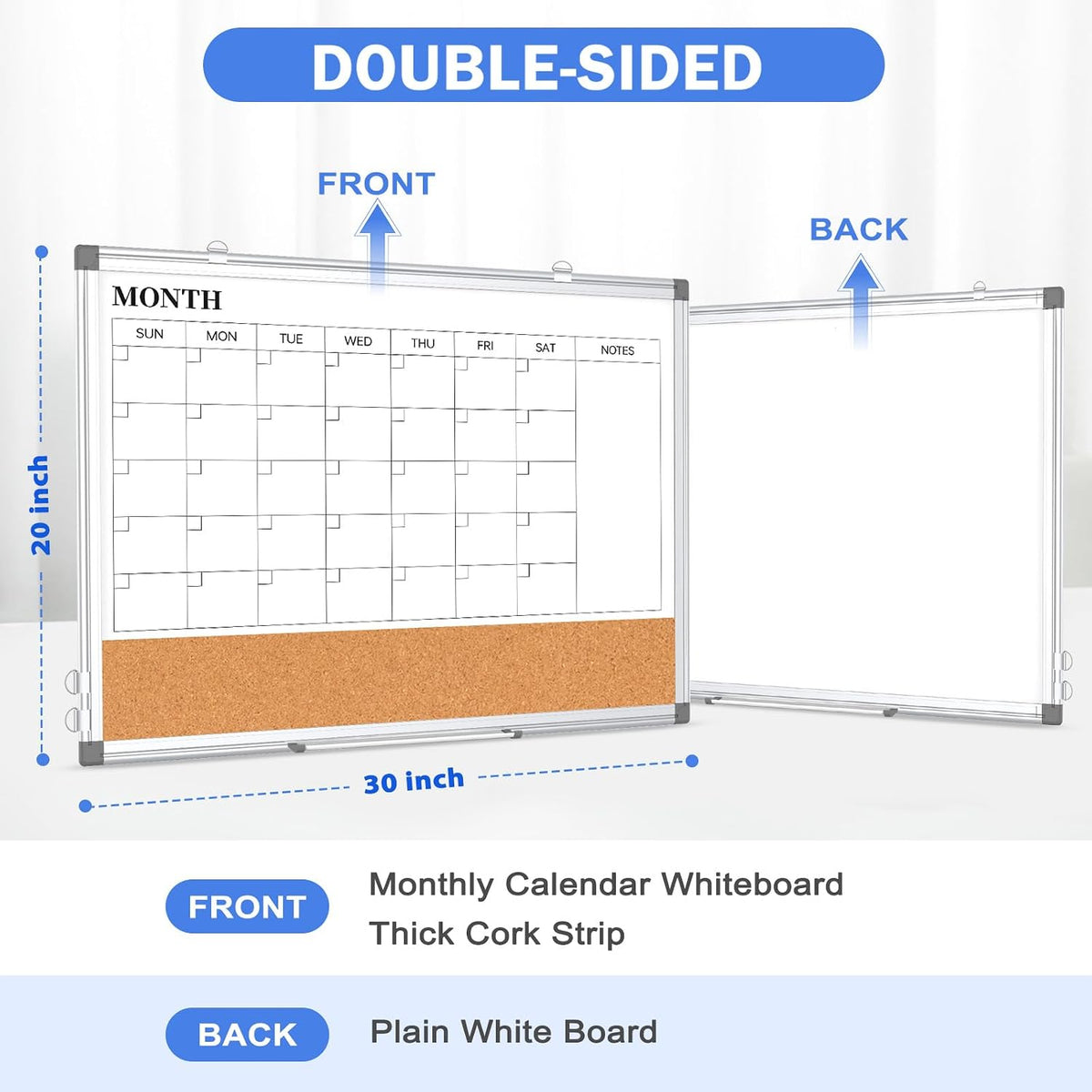 Dry Erase Calendar Whiteboard for Wall, 24" x 18" Monthly Cork White Board