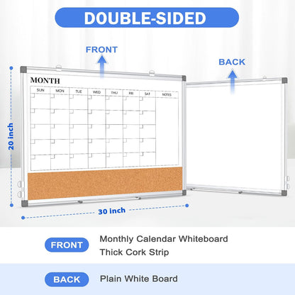 Dry Erase Calendar Whiteboard for Wall, 24" x 18" Monthly Cork White Board