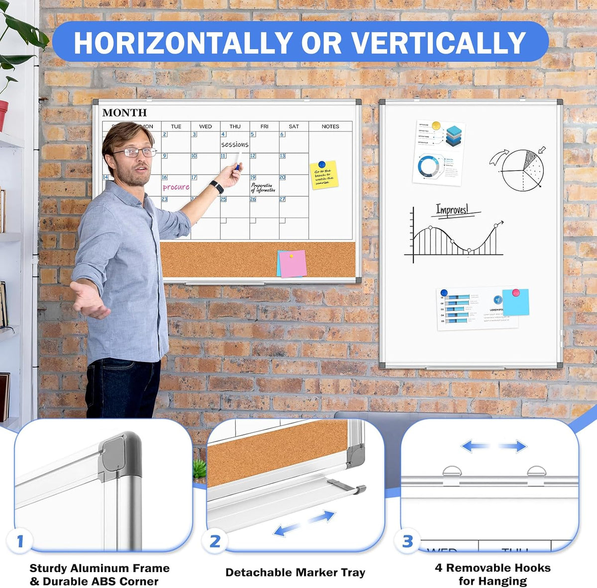 Dry Erase Calendar Whiteboard for Wall, 24" x 18" Monthly Cork White Board