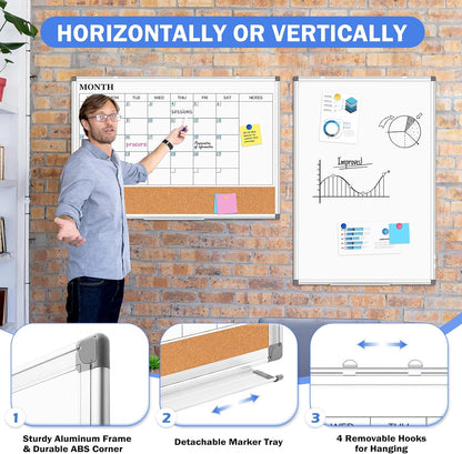 Dry Erase Calendar Whiteboard for Wall, 24" x 18" Monthly Cork White Board