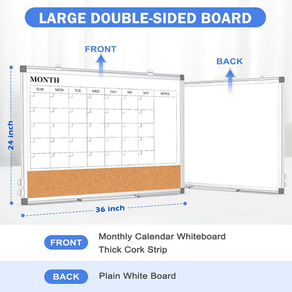 Dry Erase Calendar Whiteboard for Wall, 24" x 18" Monthly Cork White Board