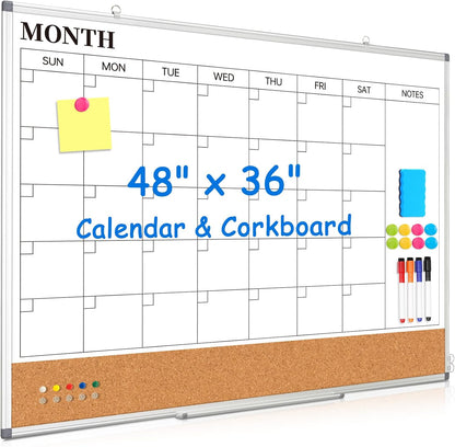Dry Erase Calendar Whiteboard for Wall, 24" x 18" Monthly Cork White Board