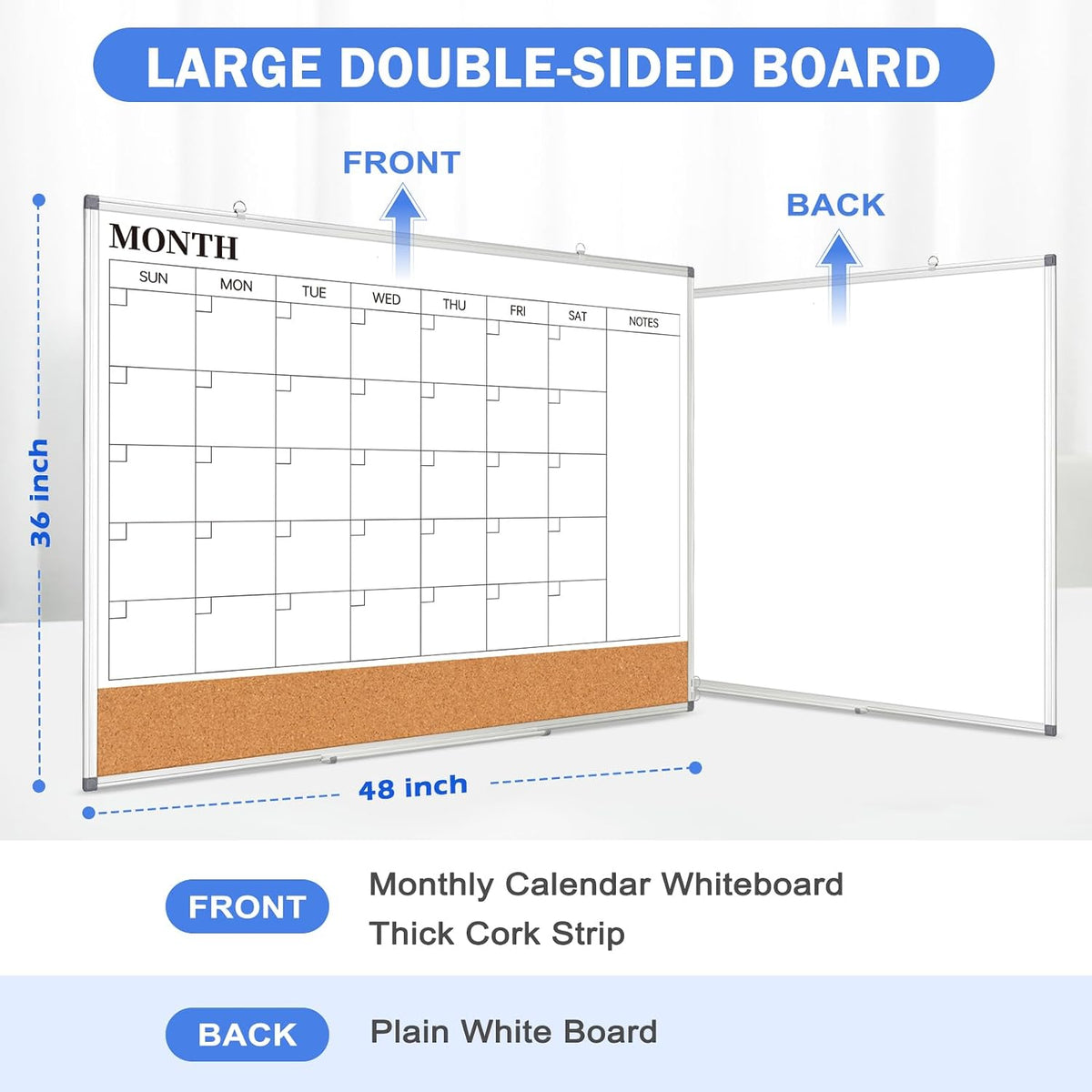 Dry Erase Calendar Whiteboard for Wall, 24" x 18" Monthly Cork White Board