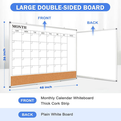 Dry Erase Calendar Whiteboard for Wall, 24" x 18" Monthly Cork White Board