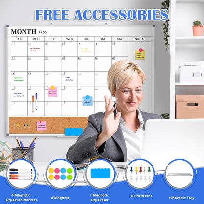 Dry Erase Calendar Whiteboard for Wall, 24" x 18" Monthly Cork White Board
