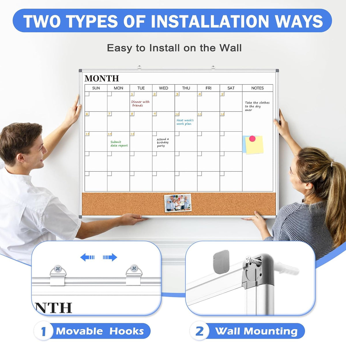 Dry Erase Calendar Whiteboard for Wall, 24" x 18" Monthly Cork White Board