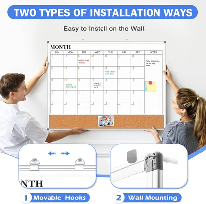 Dry Erase Calendar Whiteboard for Wall, 24" x 18" Monthly Cork White Board
