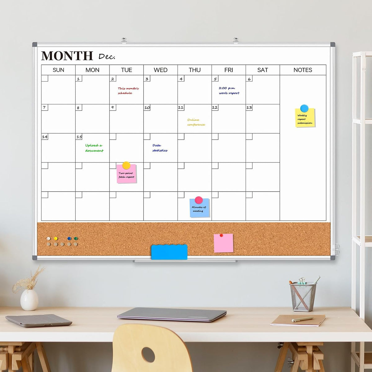 Dry Erase Calendar Whiteboard for Wall, 24" x 18" Monthly Cork White Board
