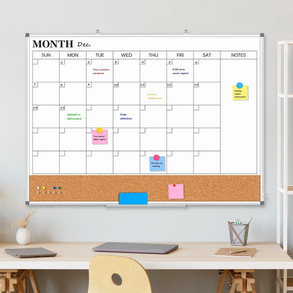 Dry Erase Calendar Whiteboard for Wall, 24" x 18" Monthly Cork White Board