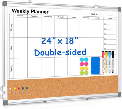 Dry Erase Calendar Whiteboard for Wall, 24" x 18" Monthly Cork White Board
