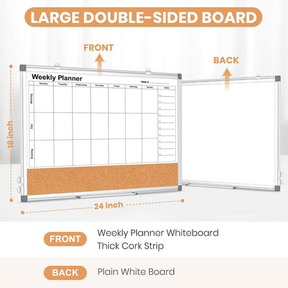 Dry Erase Calendar Whiteboard for Wall, 24" x 18" Monthly Cork White Board