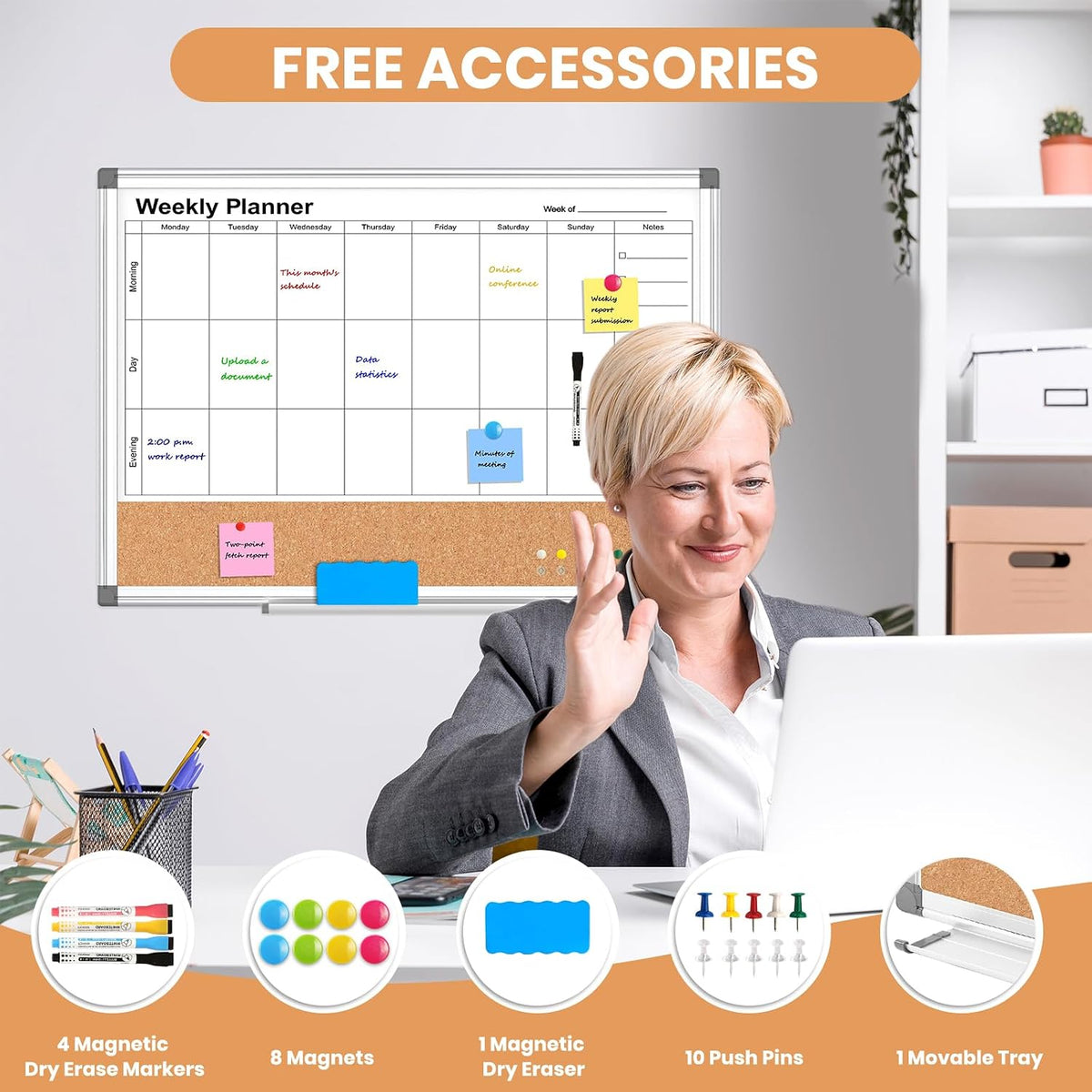 Dry Erase Calendar Whiteboard for Wall, 24" x 18" Monthly Cork White Board