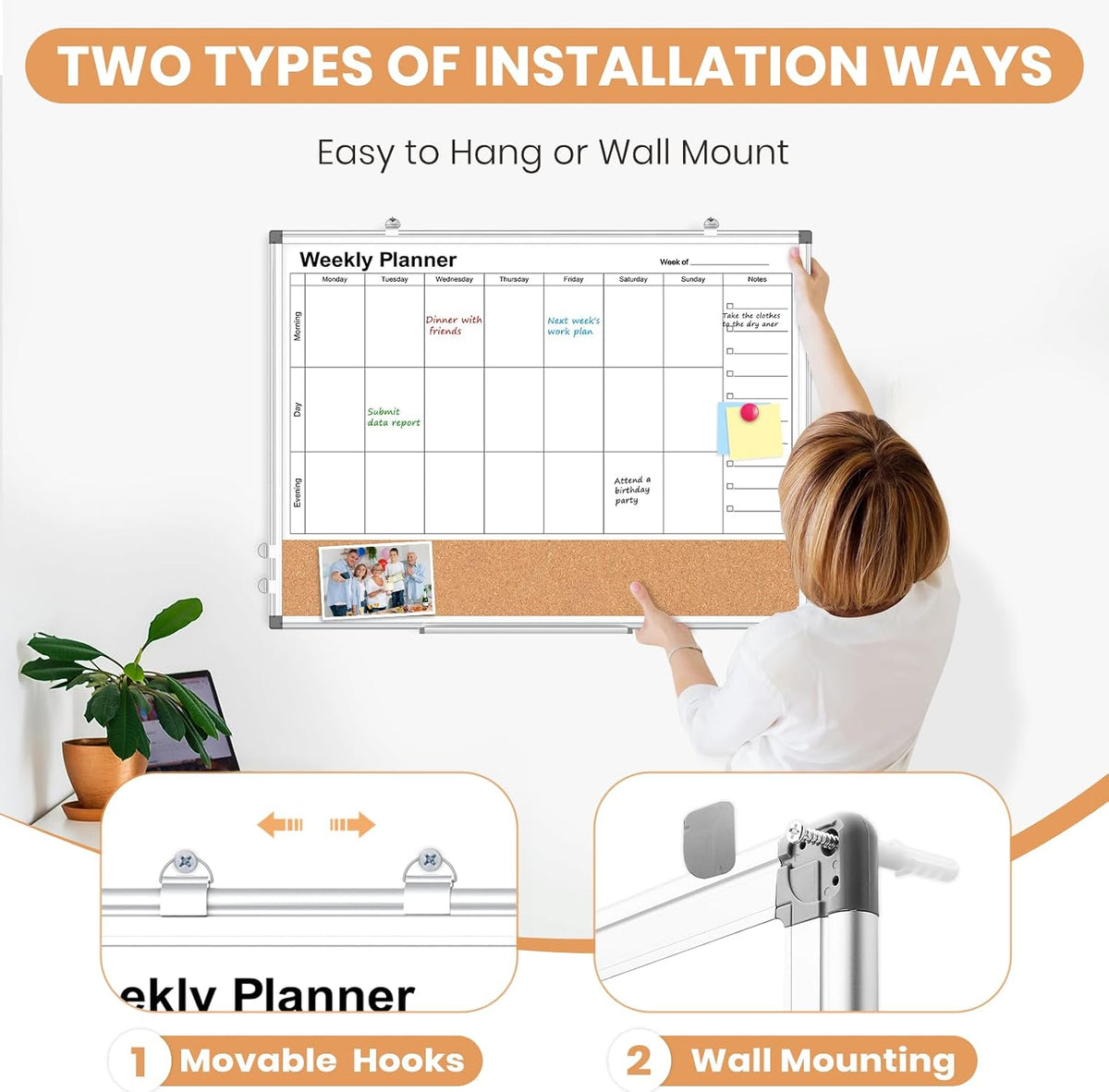 Dry Erase Calendar Whiteboard for Wall, 24" x 18" Monthly Cork White Board