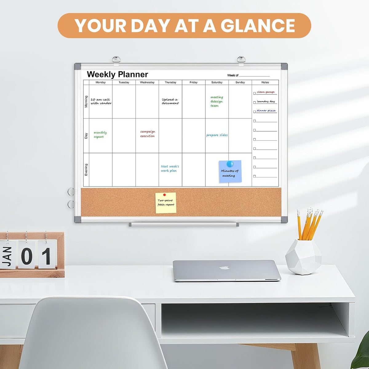 Dry Erase Calendar Whiteboard for Wall, 24" x 18" Monthly Cork White Board
