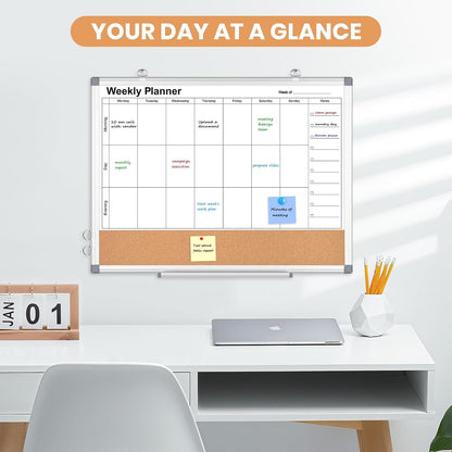 Dry Erase Calendar Whiteboard for Wall, 24" x 18" Monthly Cork White Board