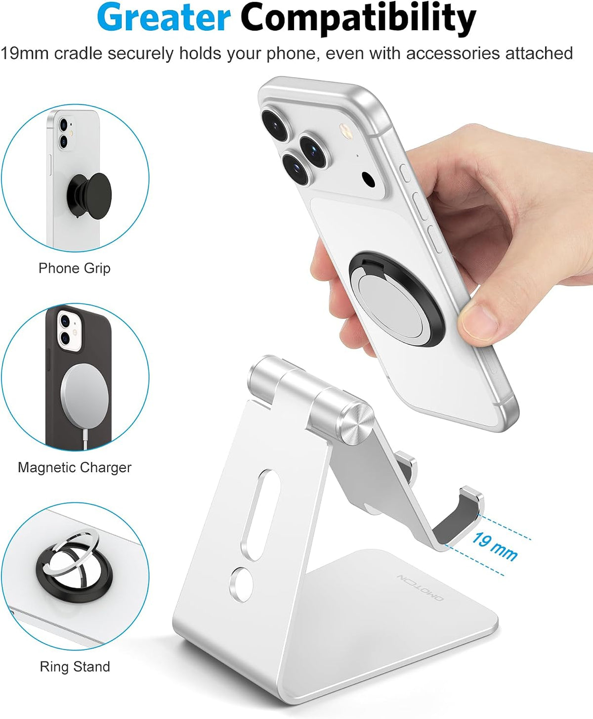 C2 Adjustable Aluminum Cell Phone Stand with Charging Cutout, Silver
