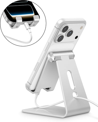 C2 Adjustable Aluminum Cell Phone Stand with Charging Cutout, Silver
