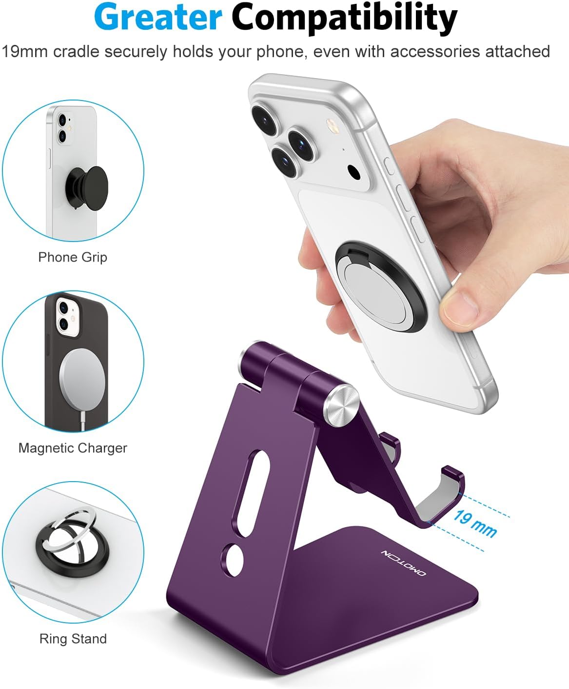C2 Adjustable Aluminum Cell Phone Stand with Charging Cutout, Silver