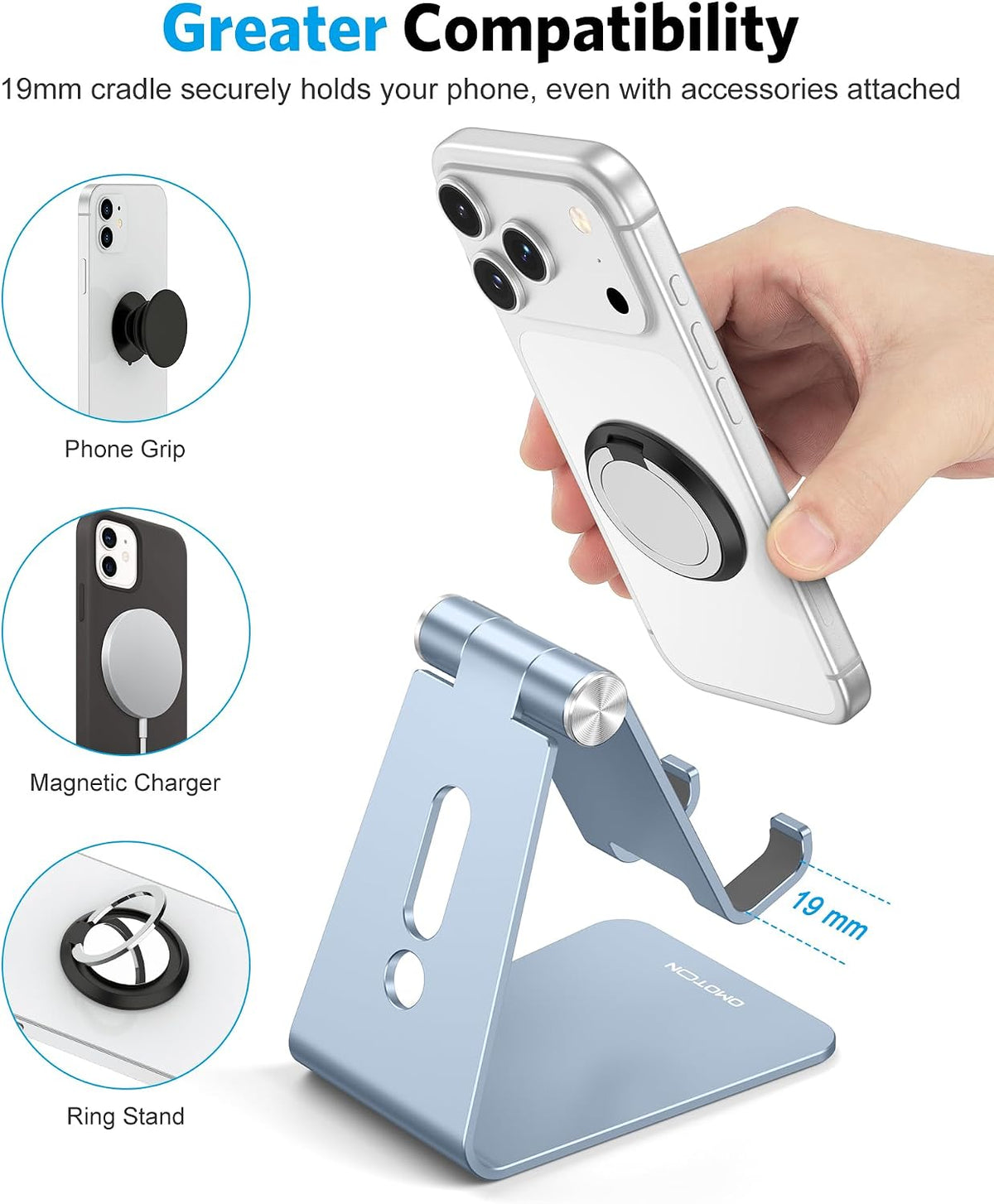 C2 Adjustable Aluminum Cell Phone Stand with Charging Cutout, Silver