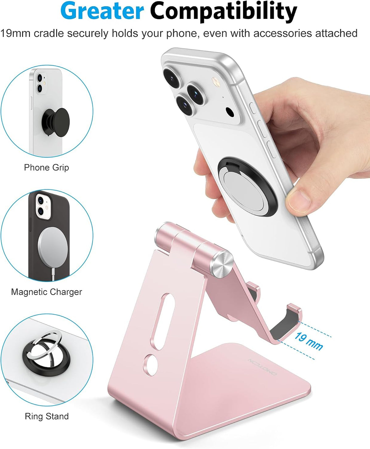 C2 Adjustable Aluminum Cell Phone Stand with Charging Cutout, Silver