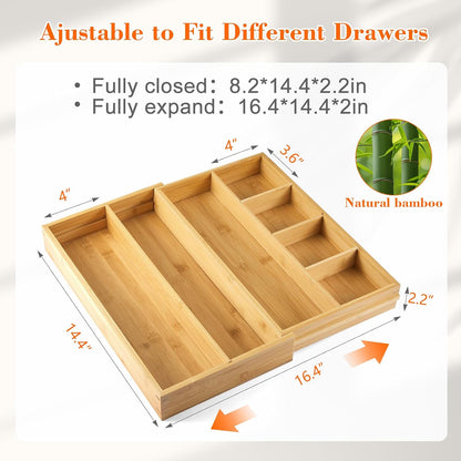 Bamboo Sliding Desk Drawer Organizer 8.2'' up to 16.4'' x 14.4'' x 2.2'' Expandable Office Desk Accessories Supplies Tray with 7 Compartments for Pens, Notebooks, Rulers, and Makeup Jewelry Vanity