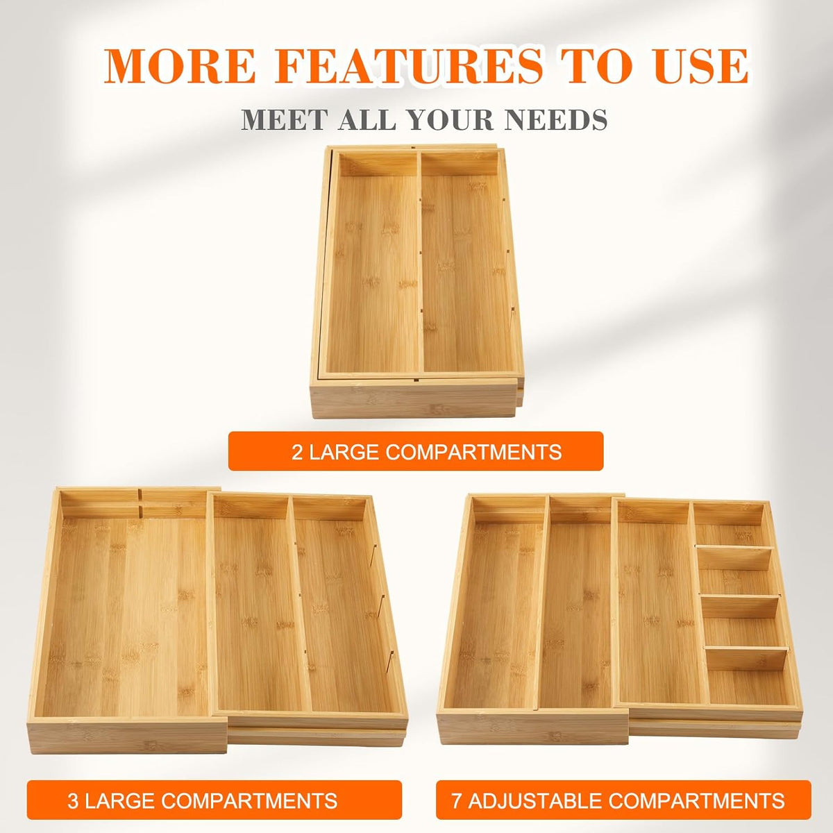 Bamboo Sliding Desk Drawer Organizer 8.2'' up to 16.4'' x 14.4'' x 2.2'' Expandable Office Desk Accessories Supplies Tray with 7 Compartments for Pens, Notebooks, Rulers, and Makeup Jewelry Vanity