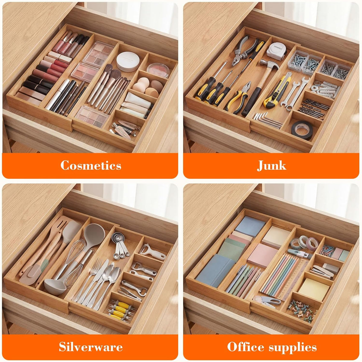 Bamboo Sliding Desk Drawer Organizer 8.2'' up to 16.4'' x 14.4'' x 2.2'' Expandable Office Desk Accessories Supplies Tray with 7 Compartments for Pens, Notebooks, Rulers, and Makeup Jewelry Vanity