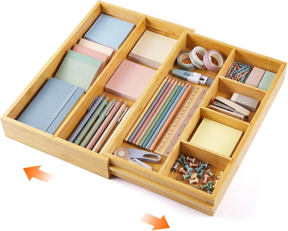 Bamboo Sliding Desk Drawer Organizer 8.2'' up to 16.4'' x 14.4'' x 2.2'' Expandable Office Desk Accessories Supplies Tray with 7 Compartments for Pens, Notebooks, Rulers, and Makeup Jewelry Vanity