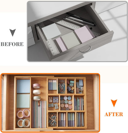 Bamboo Sliding Desk Drawer Organizer 8.2'' up to 16.4'' x 14.4'' x 2.2'' Expandable Office Desk Accessories Supplies Tray with 7 Compartments for Pens, Notebooks, Rulers, and Makeup Jewelry Vanity