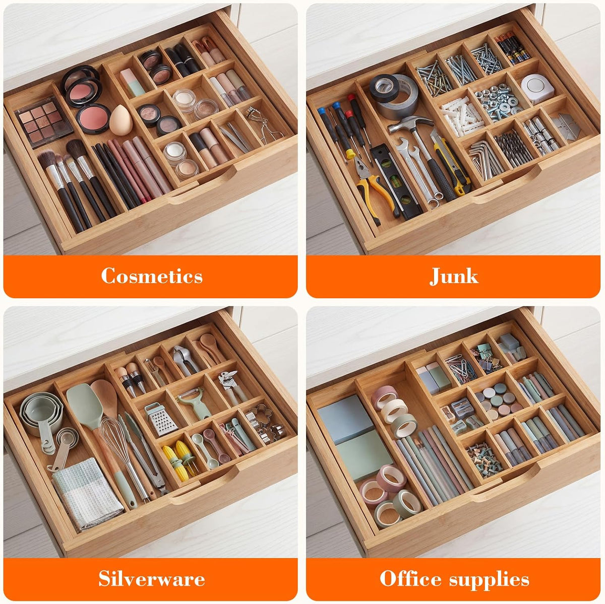 Bamboo Sliding Desk Drawer Organizer 8.2'' up to 16.4'' x 14.4'' x 2.2'' Expandable Office Desk Accessories Supplies Tray with 7 Compartments for Pens, Notebooks, Rulers, and Makeup Jewelry Vanity
