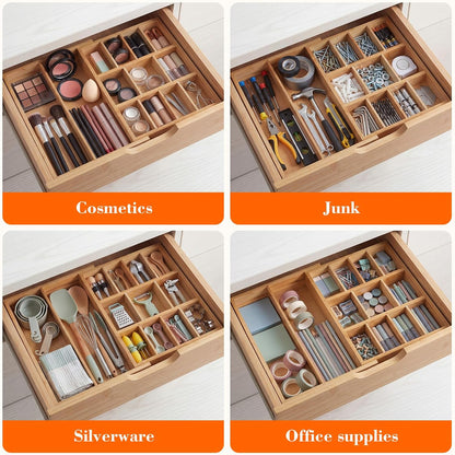 Bamboo Sliding Desk Drawer Organizer 8.2'' up to 16.4'' x 14.4'' x 2.2'' Expandable Office Desk Accessories Supplies Tray with 7 Compartments for Pens, Notebooks, Rulers, and Makeup Jewelry Vanity