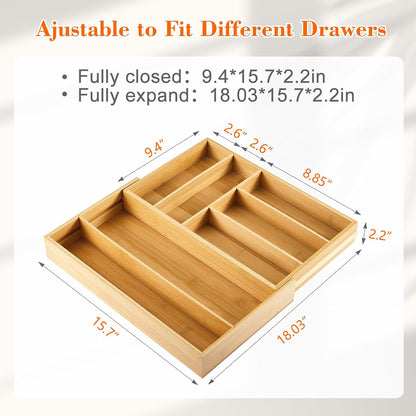 Bamboo Sliding Desk Drawer Organizer 8.2'' up to 16.4'' x 14.4'' x 2.2'' Expandable Office Desk Accessories Supplies Tray with 7 Compartments for Pens, Notebooks, Rulers, and Makeup Jewelry Vanity