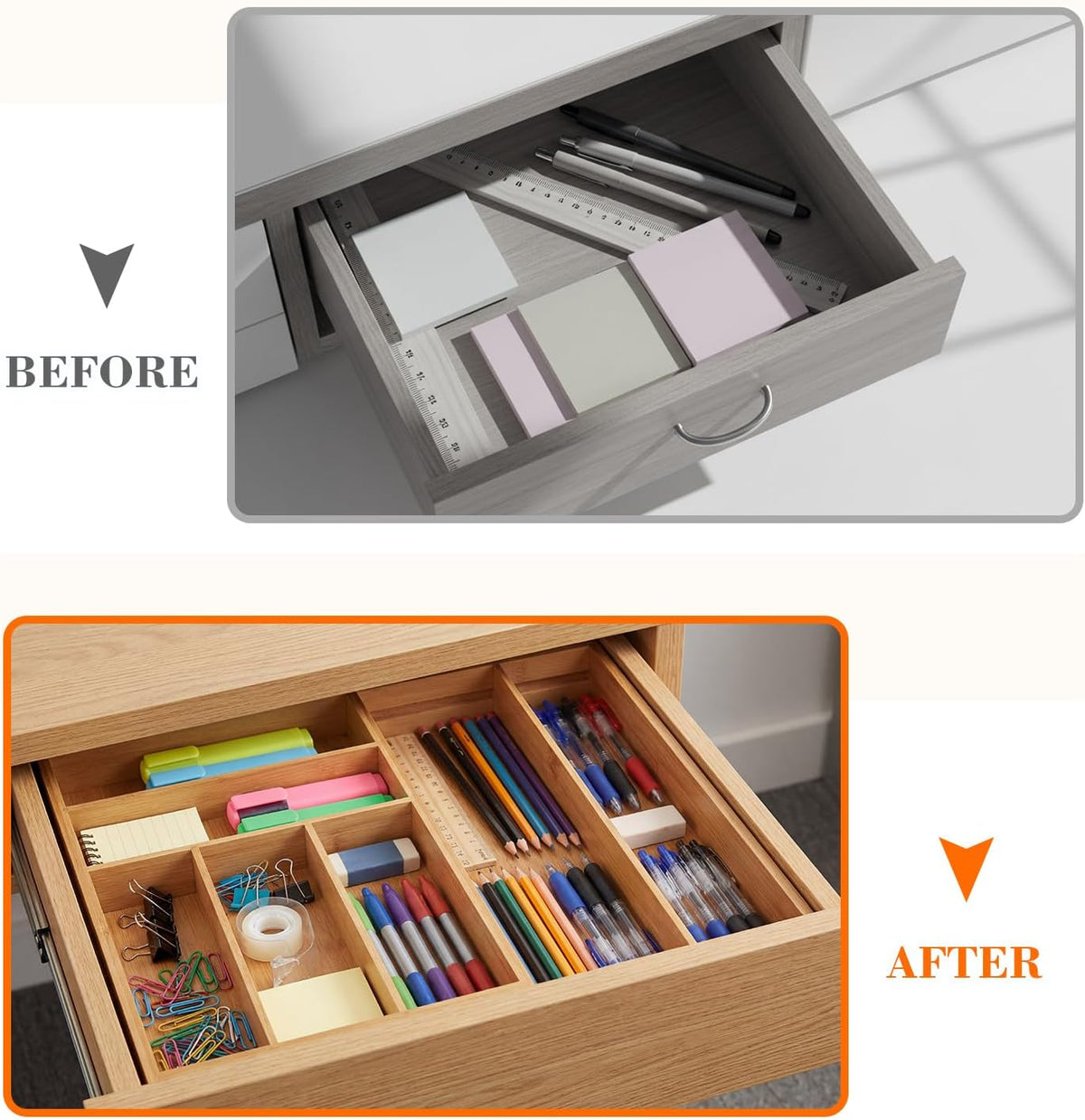 Bamboo Sliding Desk Drawer Organizer 8.2'' up to 16.4'' x 14.4'' x 2.2'' Expandable Office Desk Accessories Supplies Tray with 7 Compartments for Pens, Notebooks, Rulers, and Makeup Jewelry Vanity